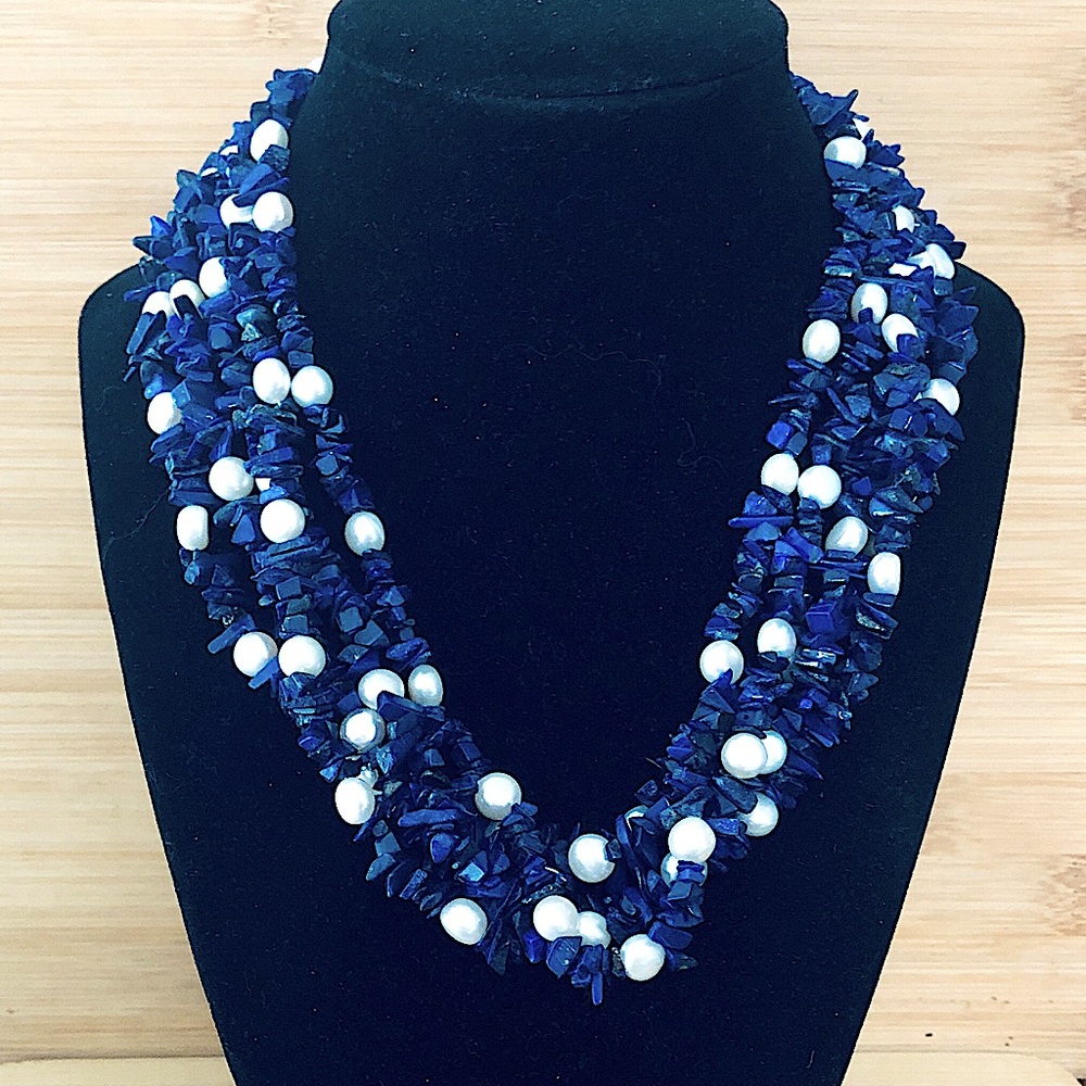 $96  5 Strand Estate Lapis and Pearl Necklace - Picture 3 of 6